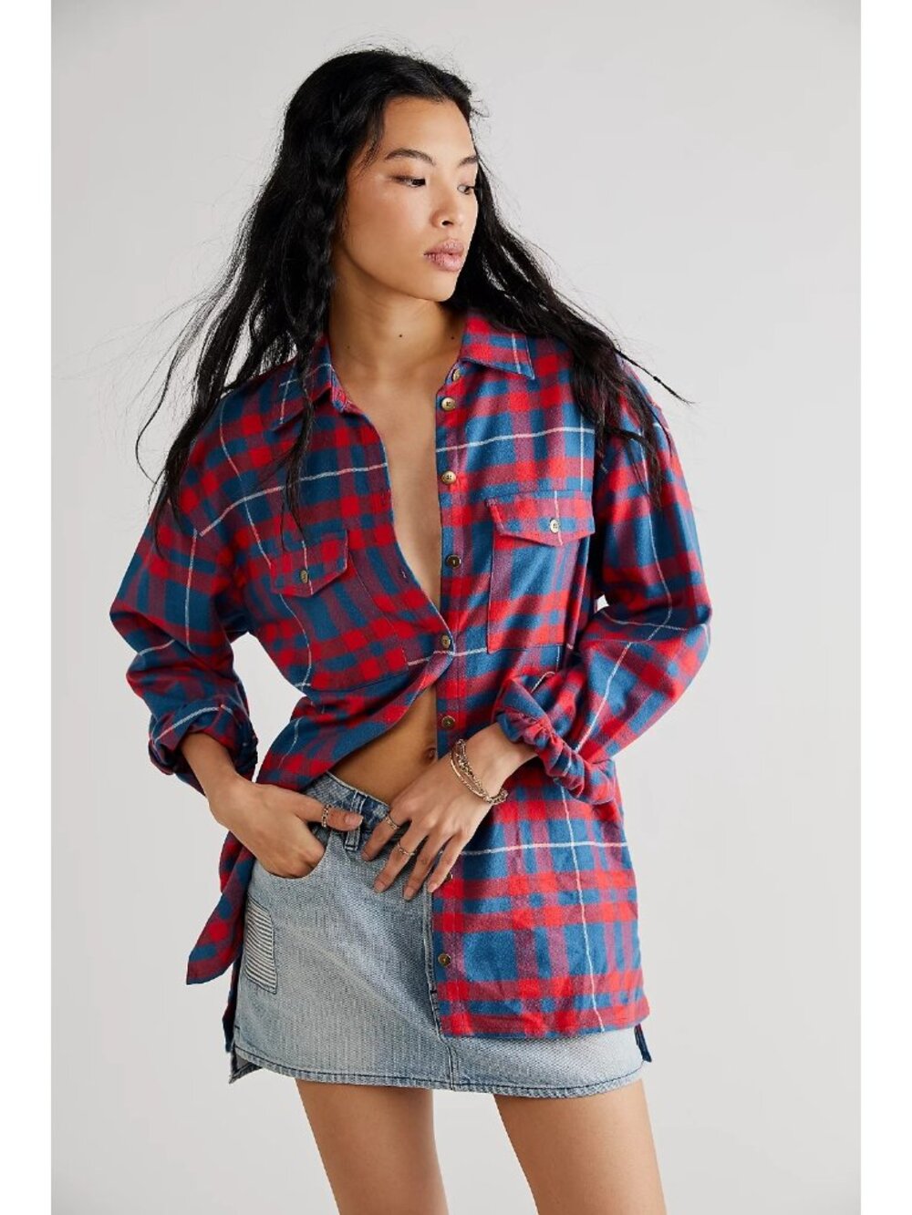 NWT Spell Basecamp Flannel Shirt in Navy Red Plaid Oversized Button Down XL